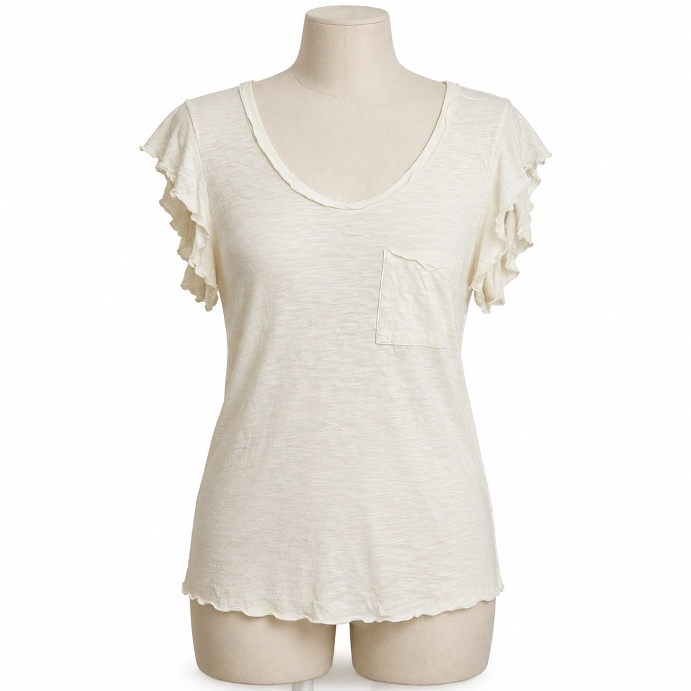 We The Free Ruffle Sleeve Pocket Tee Women Large Ivory Slub Knit Boho Top